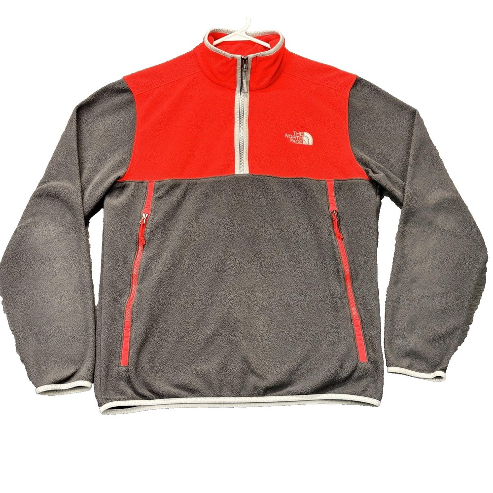 The North Face Jacket Mens Medium Gray Red Fleece 1/4 Zip Pullover Pockets